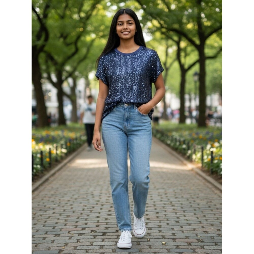 Elliott Lauren Navy Sequin Short-Sleeve Blouse